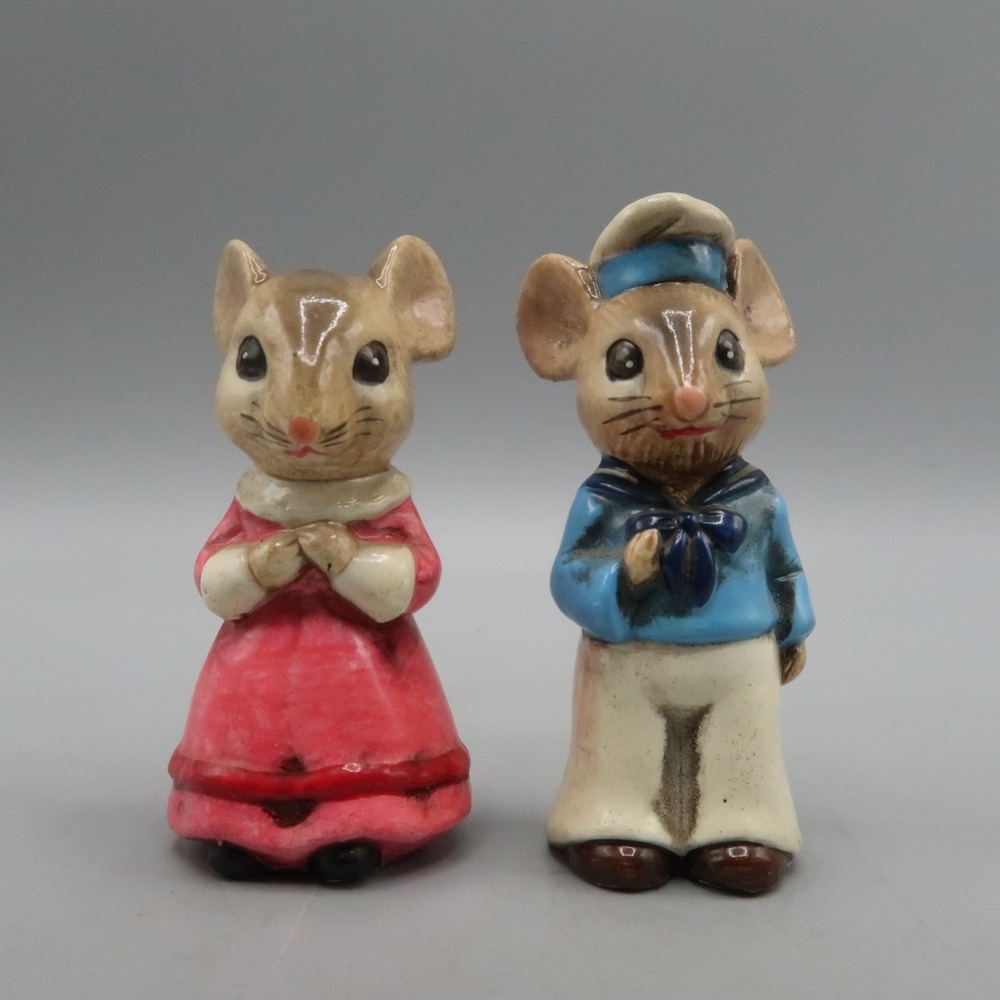 2 Vintage‎ Ceramic Sailor Navy Mouse Mice Figurine Couple Boy Girl 4"  Korea